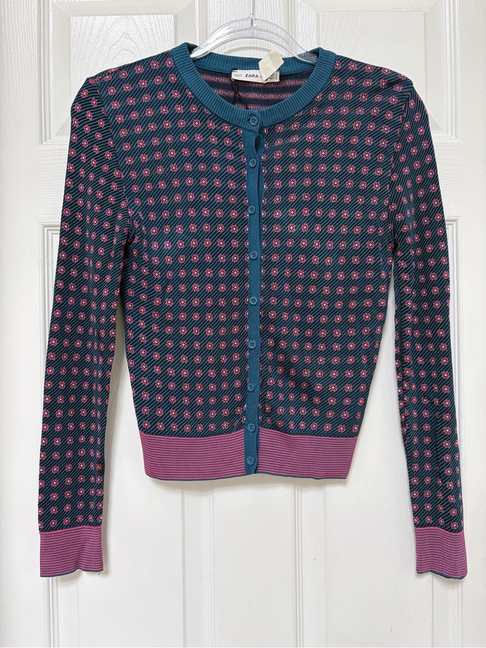 Zara Teal and Pink Micro-Print Button-Front Cardigan